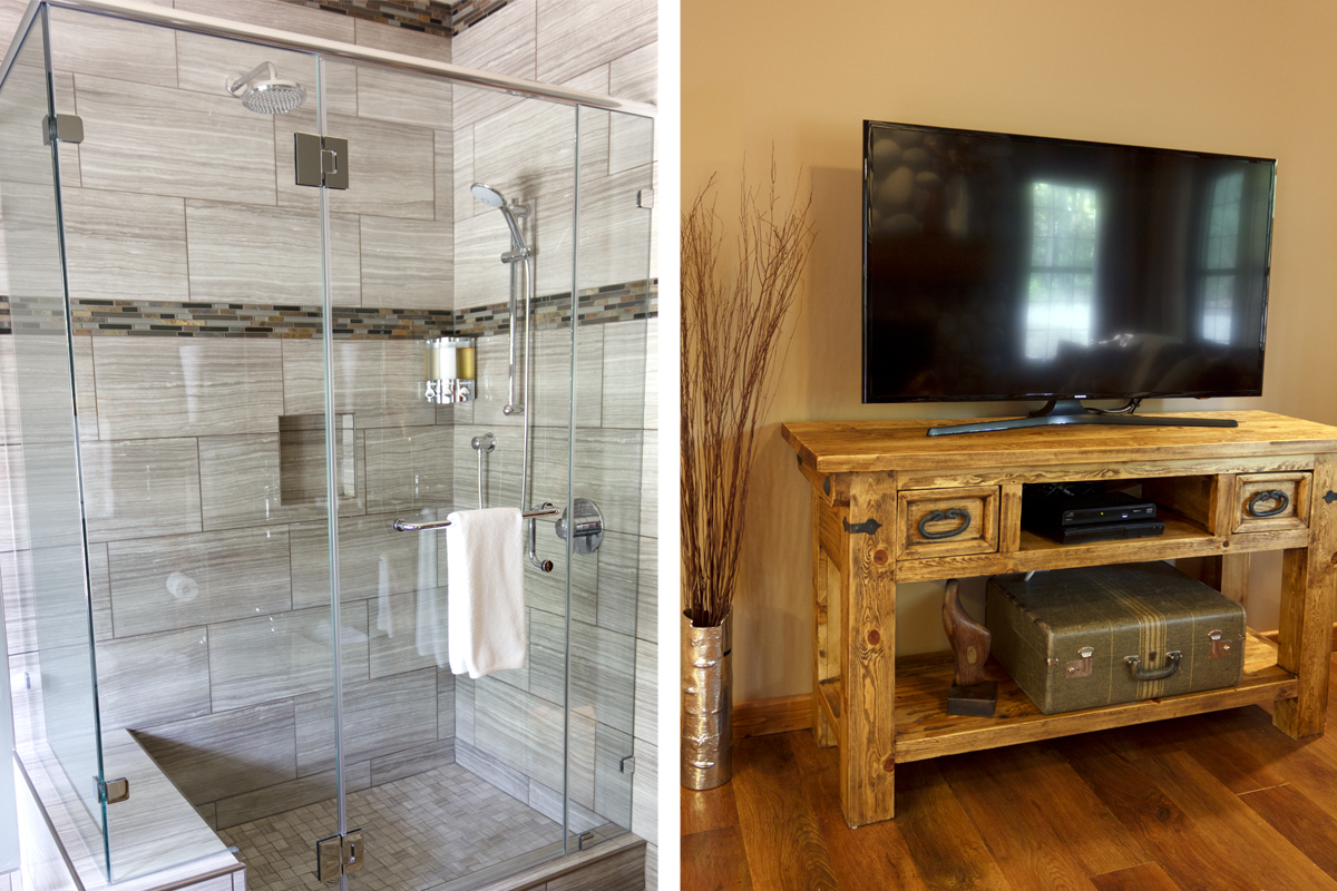 Birch side Glass Shower & 40" LED TV | The Prairie Creek Inn